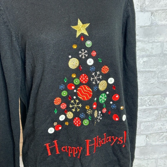 Happy Holiday’s Christmas sweater black with Christmas tree size L - Picture 2 of 4